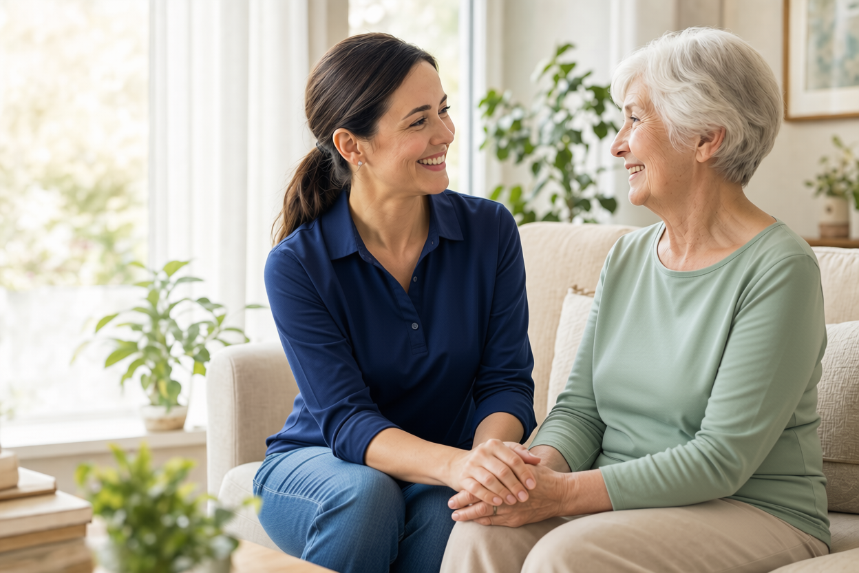 A local caregiver sharing a warm conversation with an older woman at home