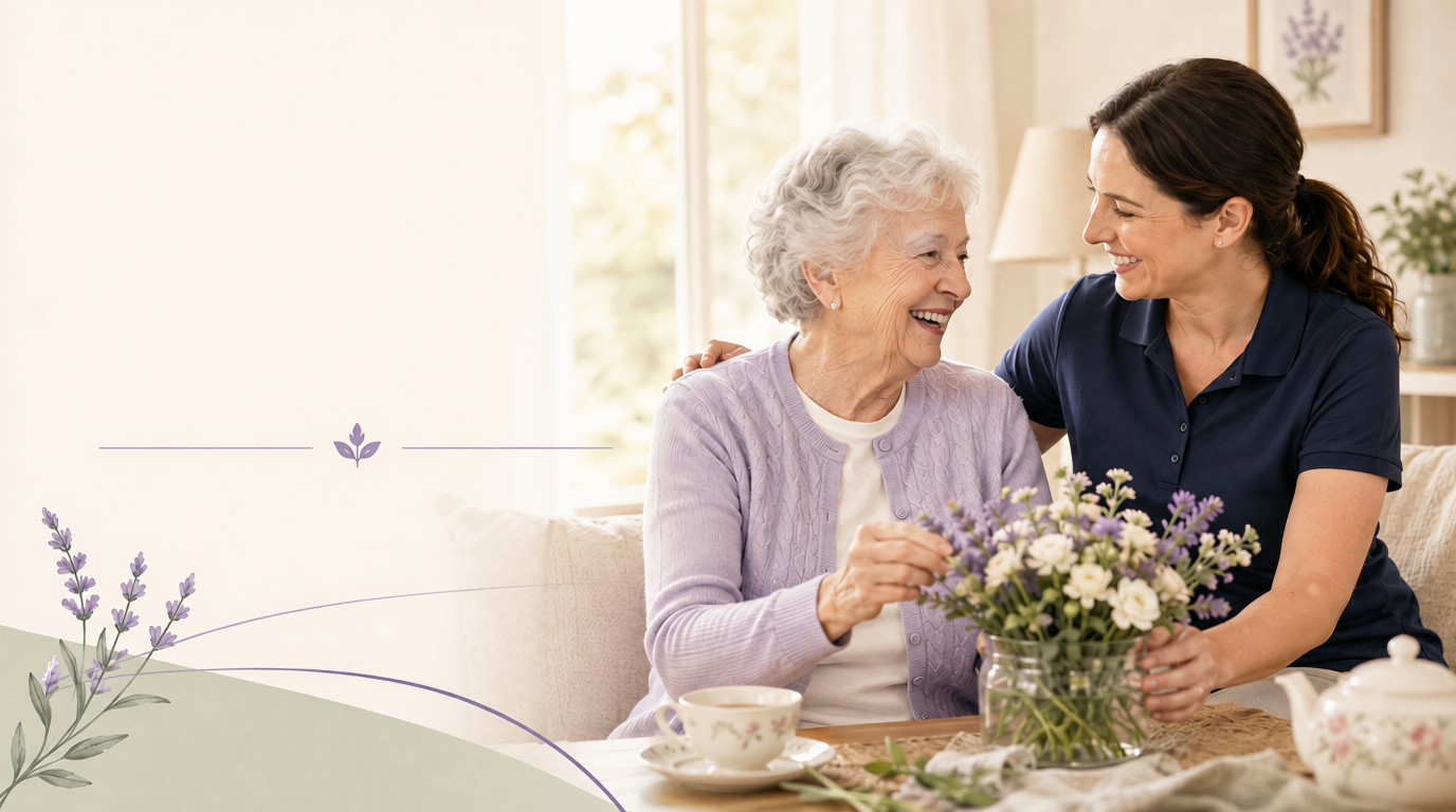 Caregiver and older adult spending relaxed time together at home