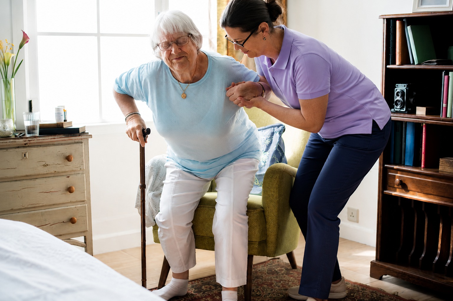 Caregiver gently supporting an older woman using a walker