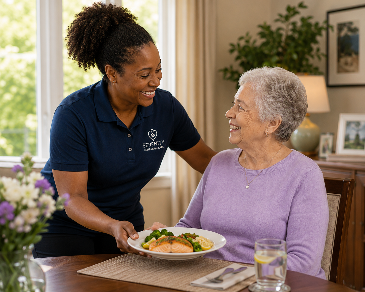 A caregiver serving a prepared meal to an older woman at home
