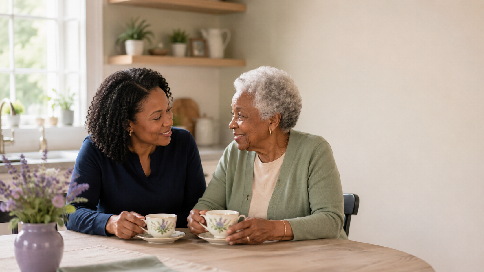 Two older women enjoying a warm conversation over tea
